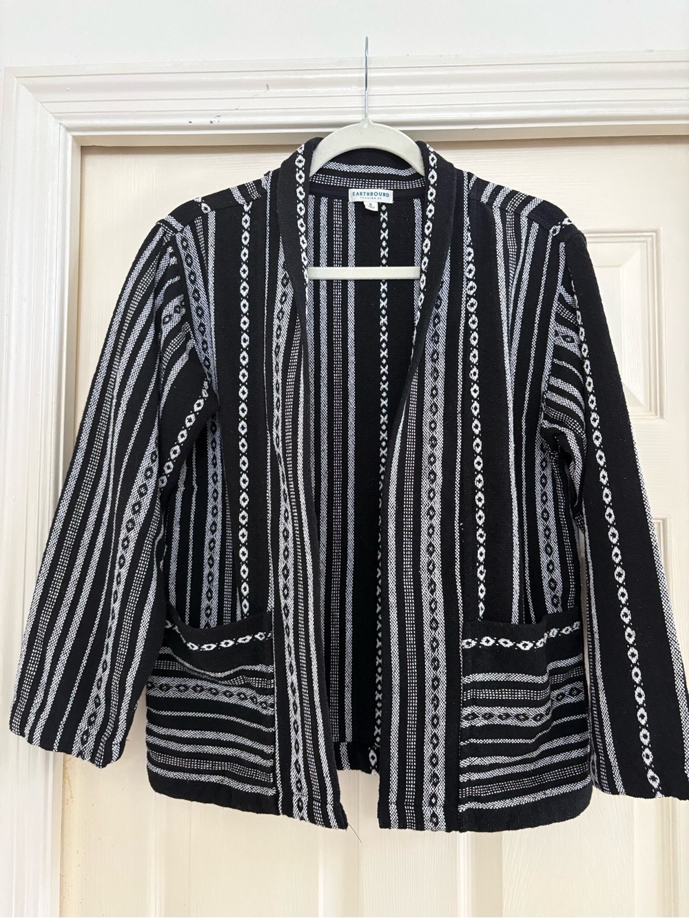 EARTHBOUND Black and White Striped Open-Front Blazer